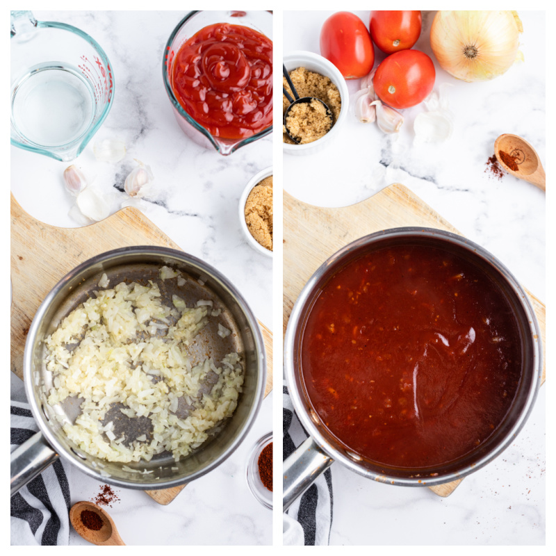 two photos showing process of making barbecue sauce in a saucepan