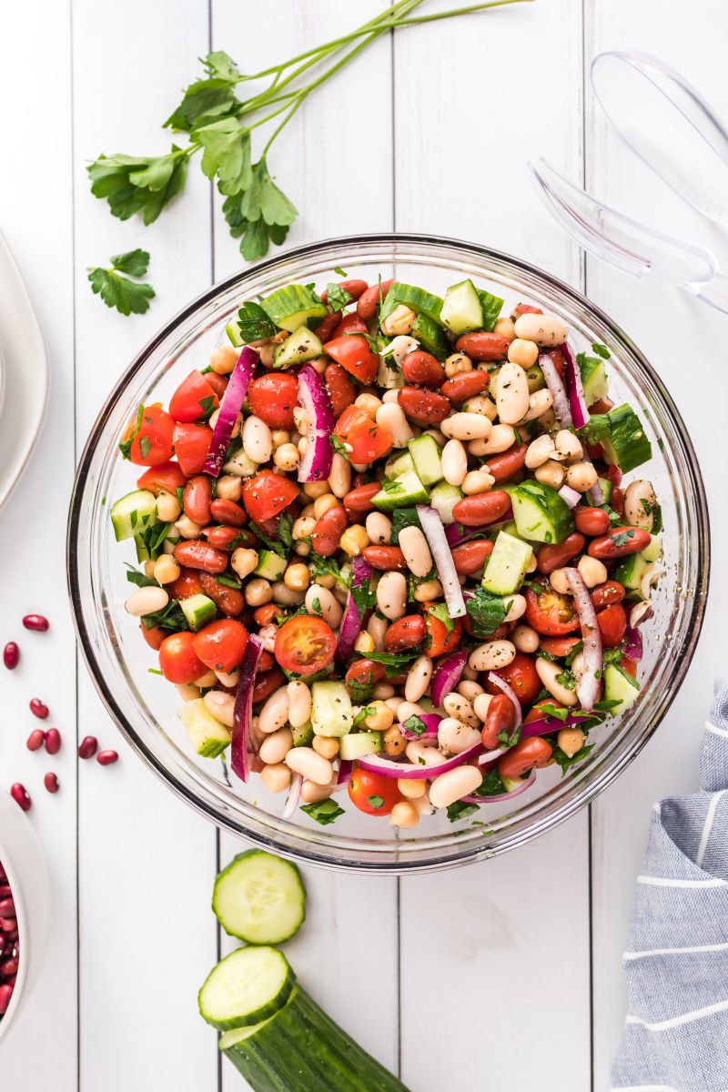 three bean salad in glass bowl