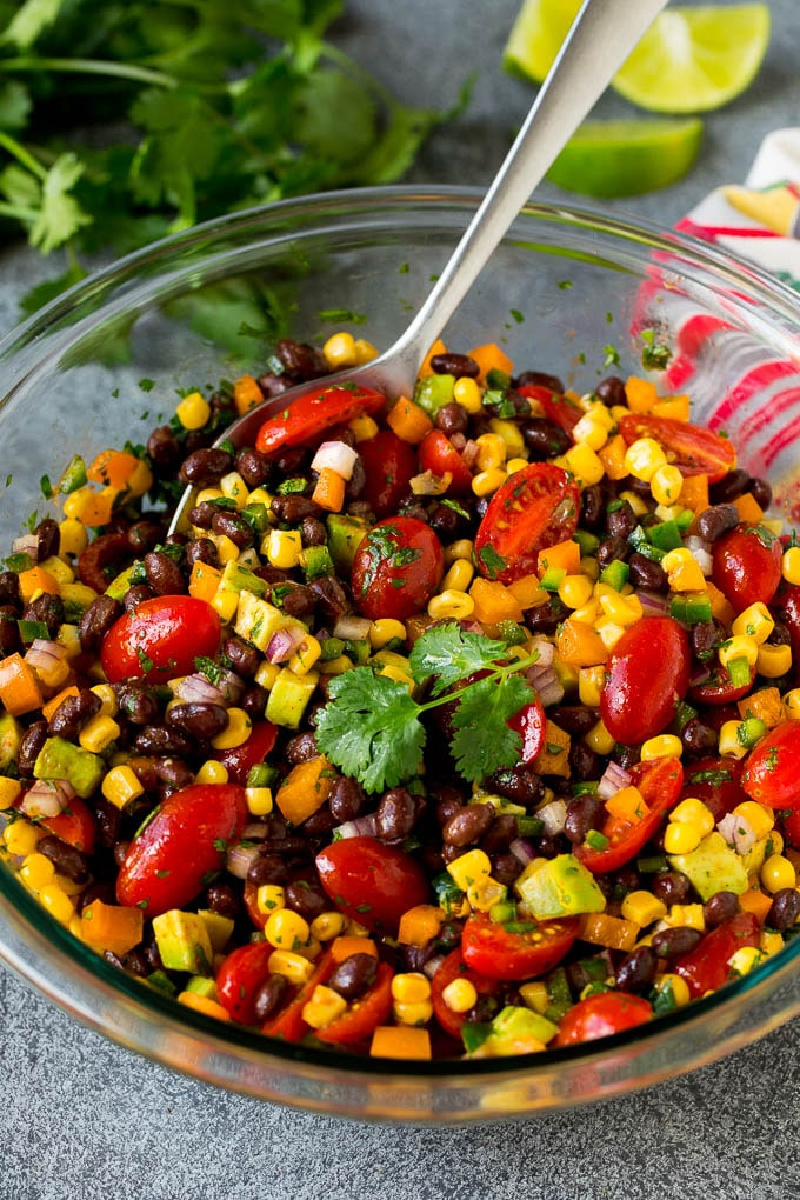 black bean salad in glass bowl