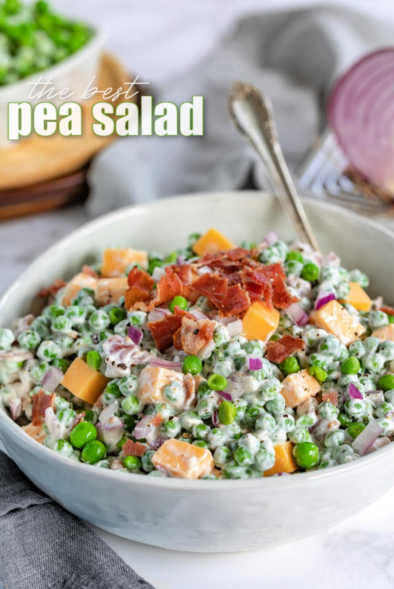 pea salad in white bowl