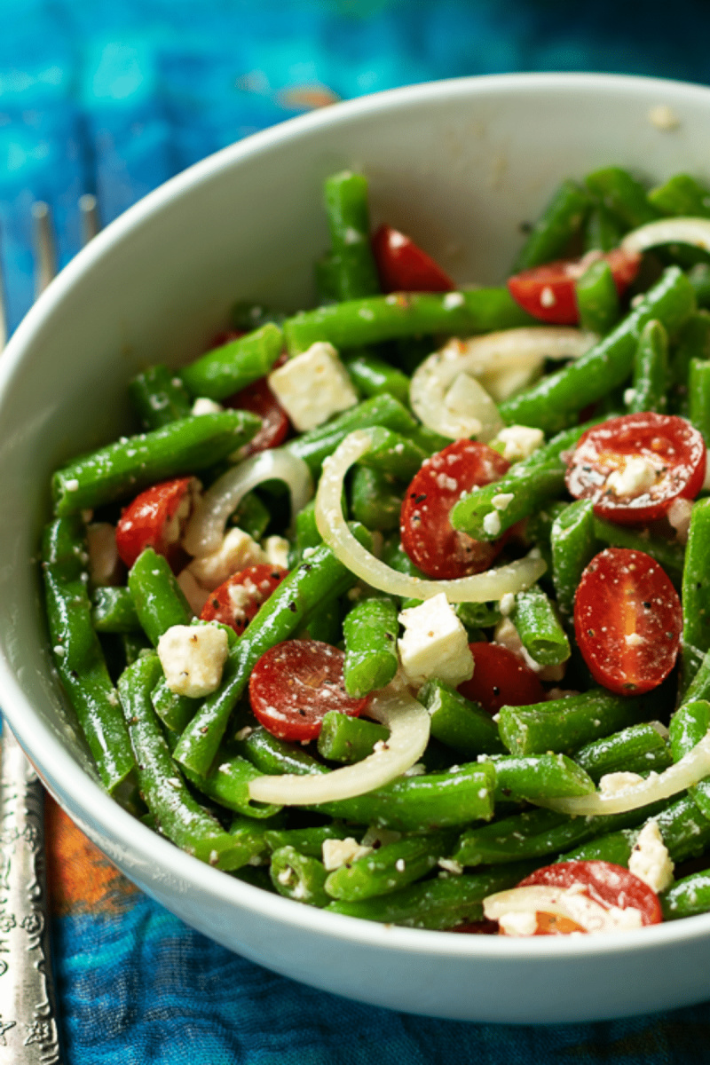 green bean salad in white bowl