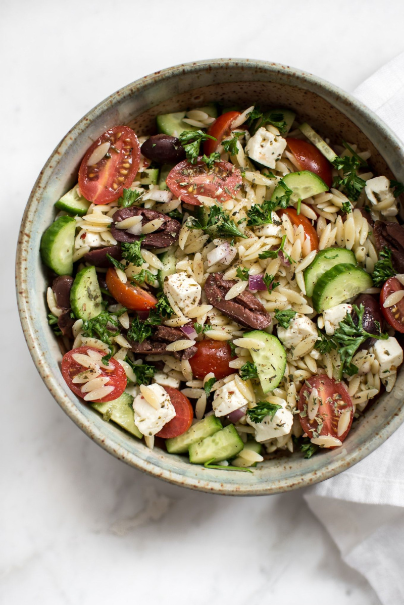 mediterranean orzo salad in bowl