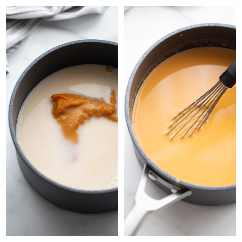 two photos showing the beginning of the process for making cheese sauce in a pan