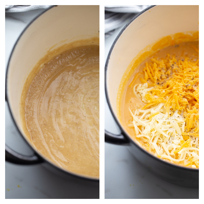 two photos showing making cheese sauce for mac and cheese