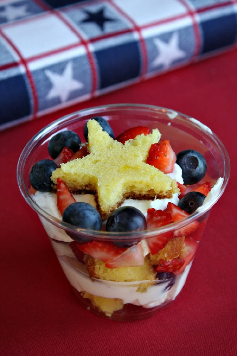 red white and blue mini trifles with star of pound cake on top