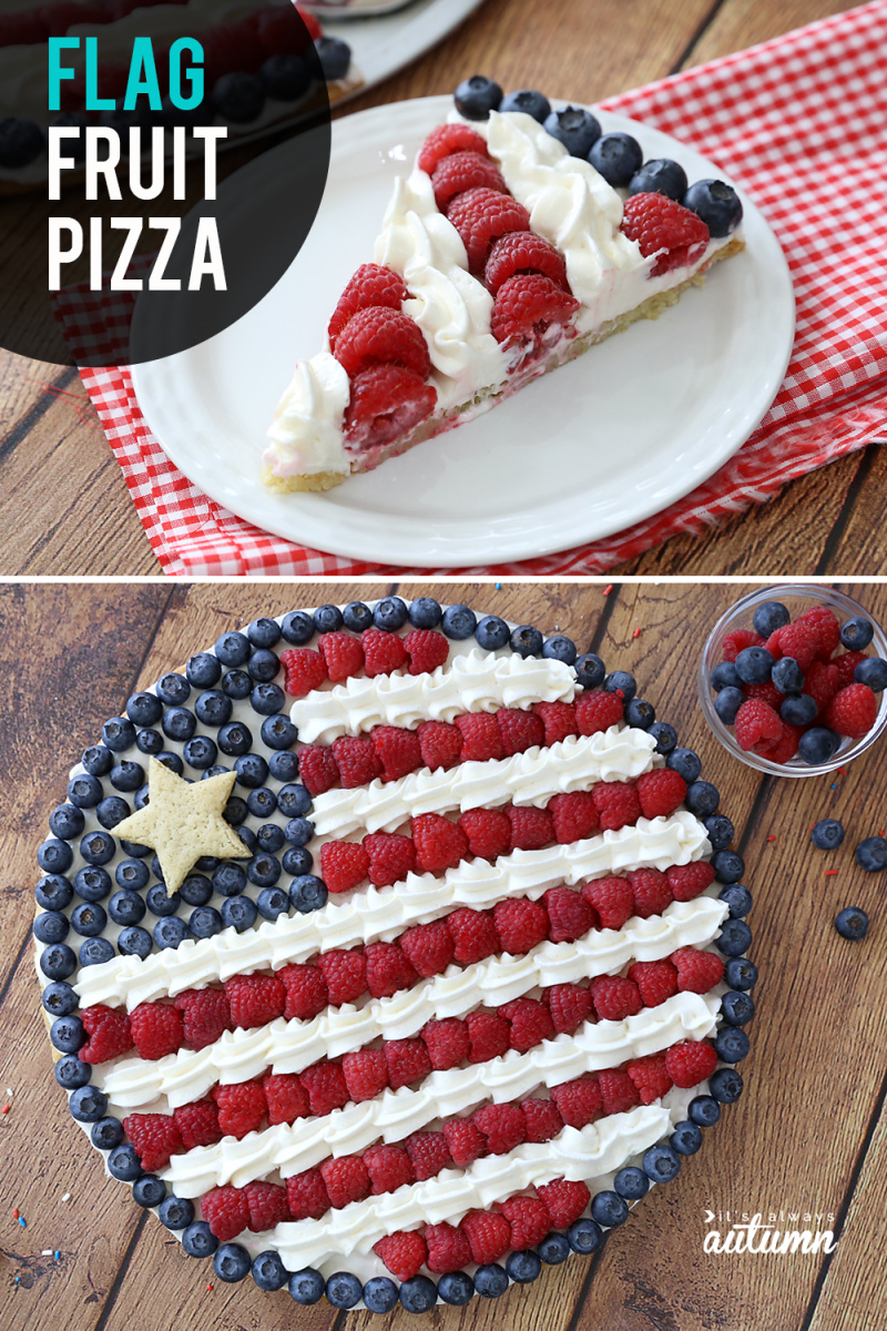 american flag fruit pizza and another photo of one slice