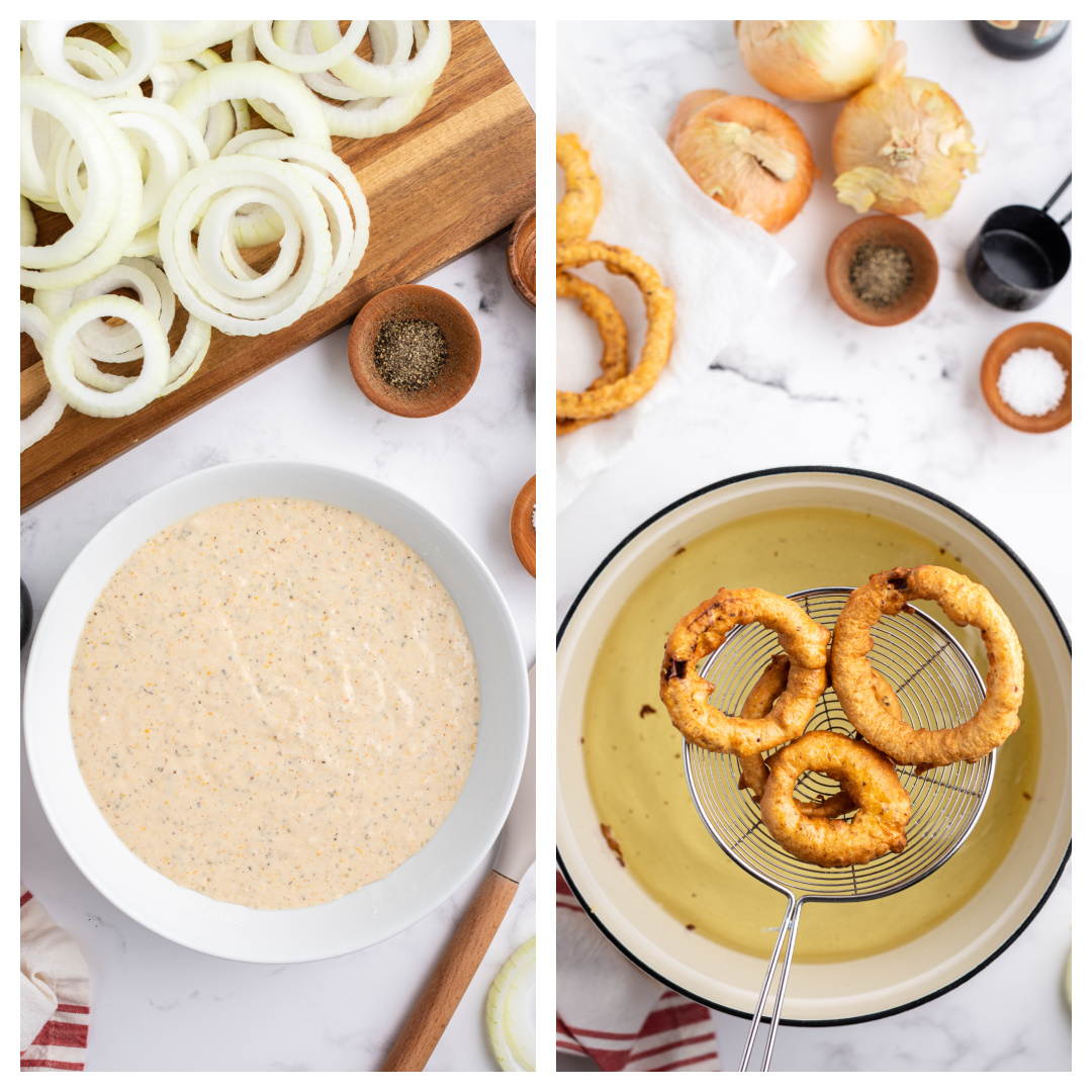 beer batter in a bowl and then onion rings frying in a pot