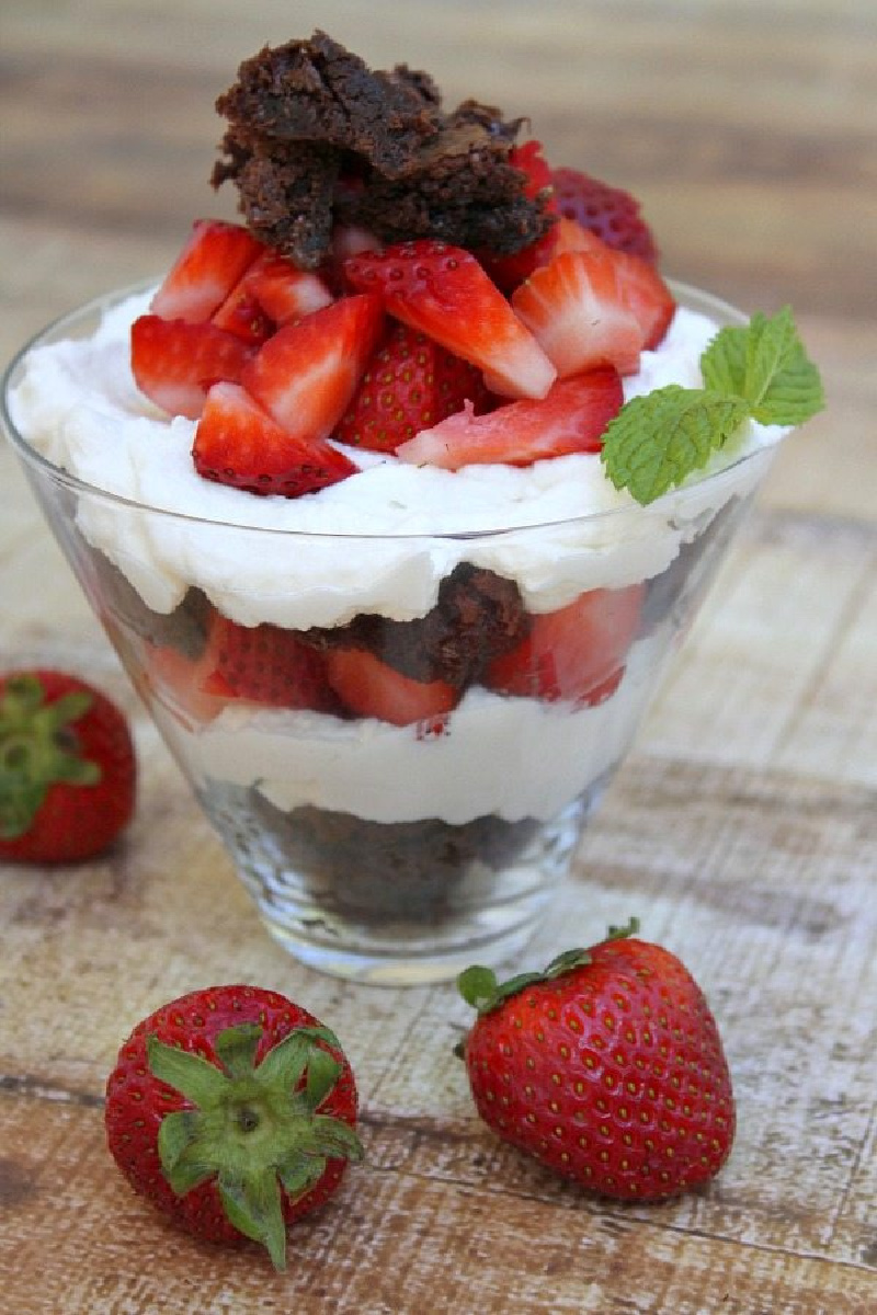brownie strawberry shortcake in a glass dish