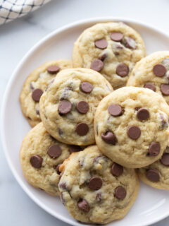 chocolate chip pudding cookies on a white platter