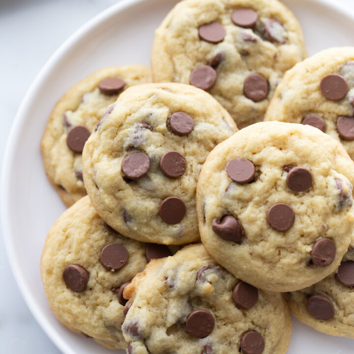 chocolate chip pudding cookies on a white platter