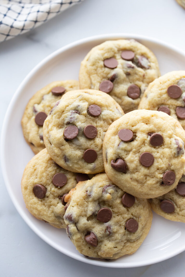 chocolate chip pudding cookies on a white platter