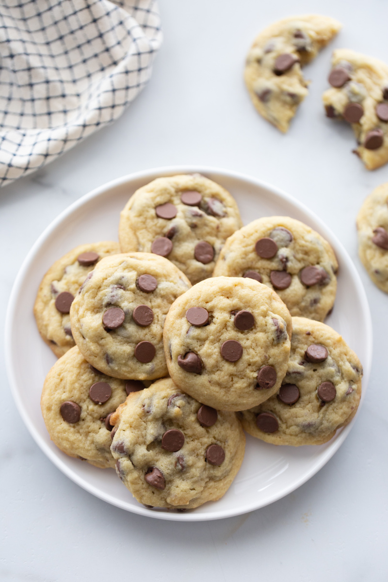 chocolate chip cookies on a white plate