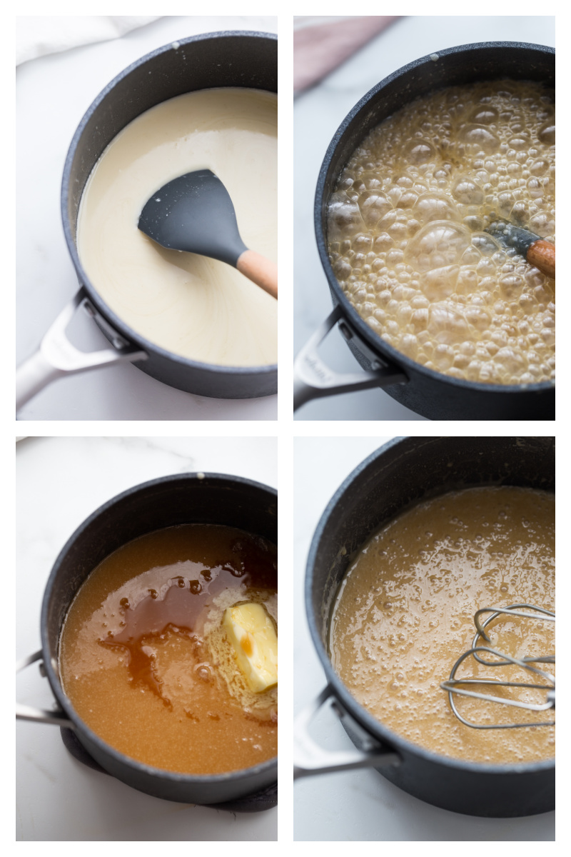 four photos showing the process of making maple walnut fudge in a saucepan