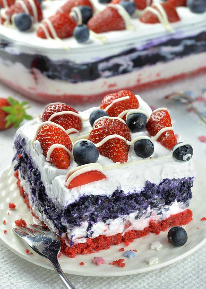 slice of red white and blue dessert lasagna