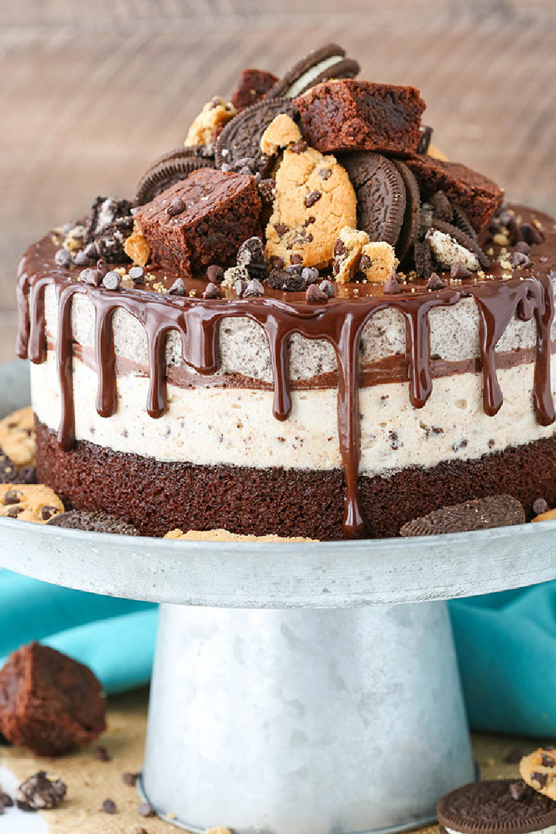 oreo brookie ice cream cake on cake stand