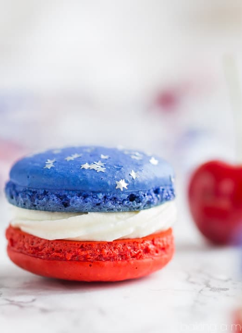 red white and blue cherry cheesecake macaron