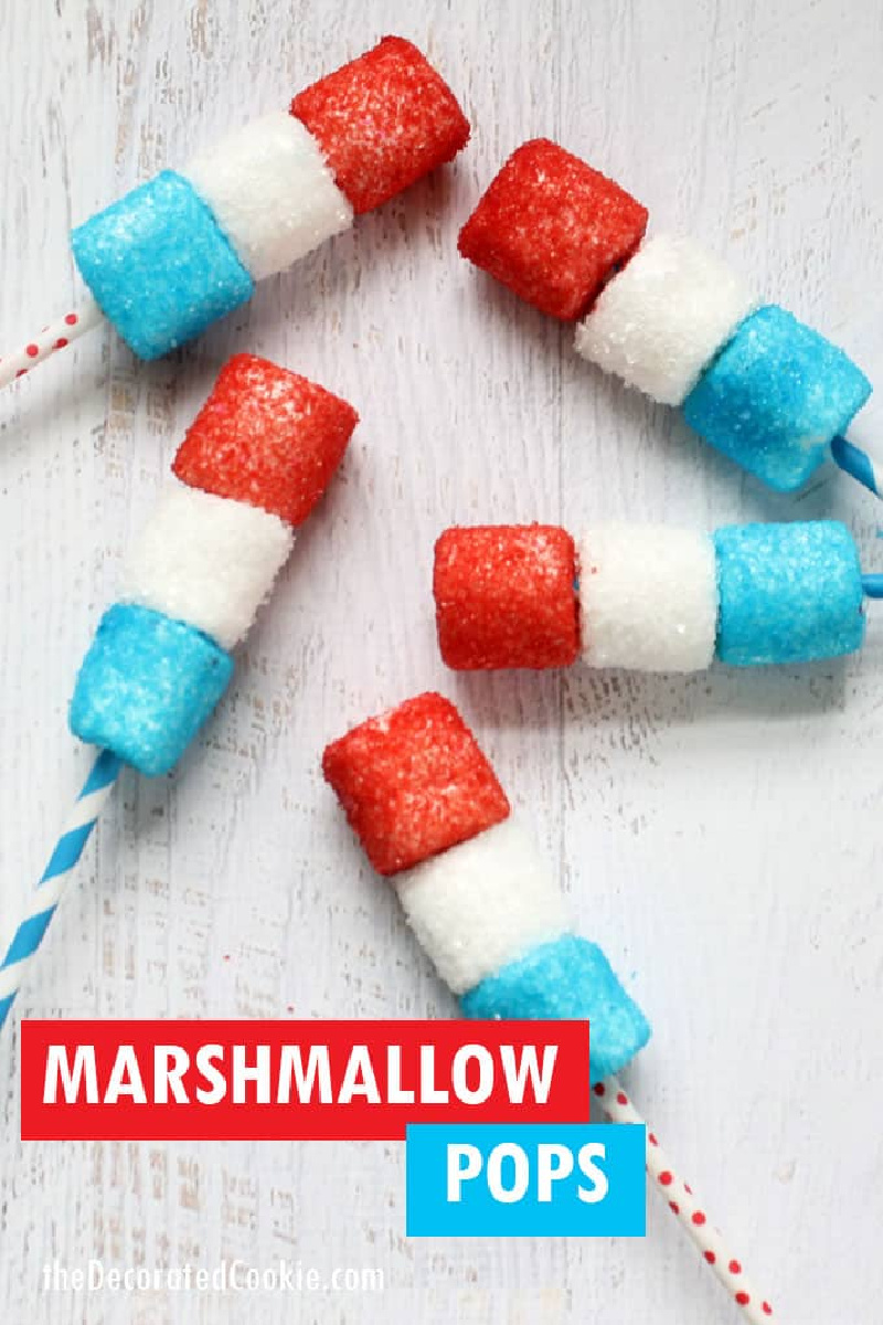 red white and blue marshmallow pops laid down in display