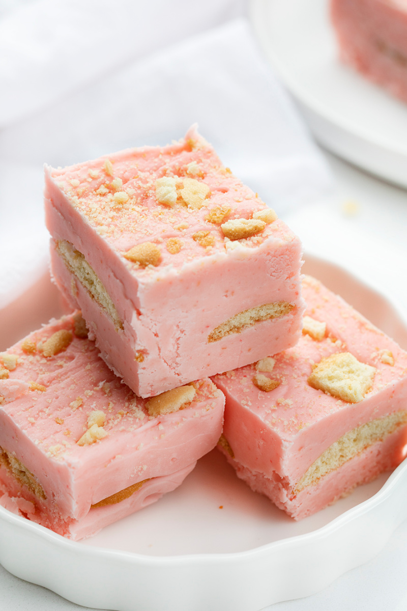 three pieces of strawberry shortcake fudge