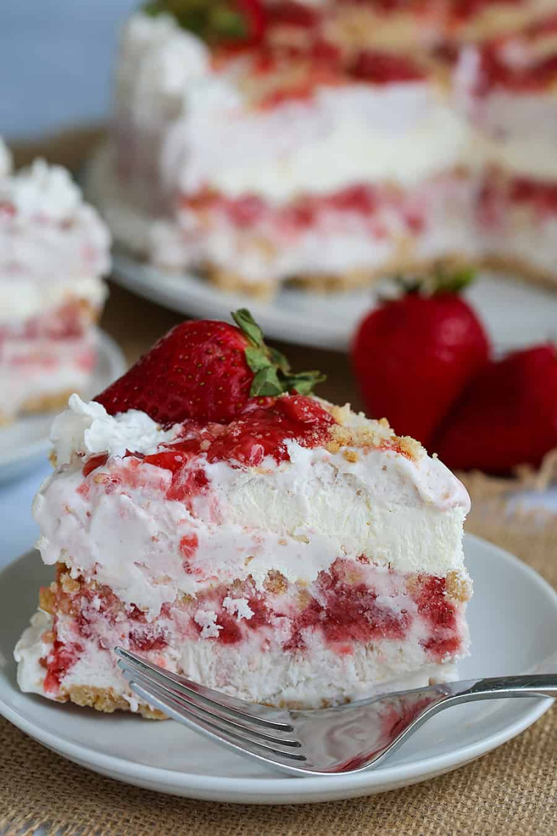 slice of strawberry shortcake ice cream cake