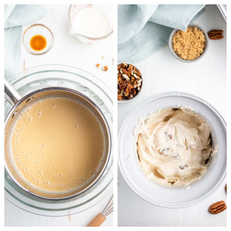 ice cream custard in a saucepan and ice cream processed in an ice cream machine