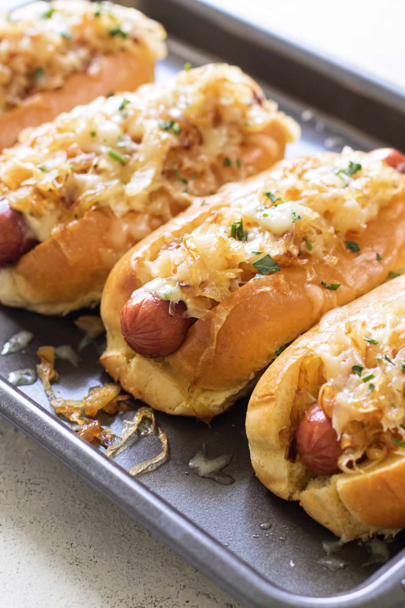 row of french onion hot dogs
