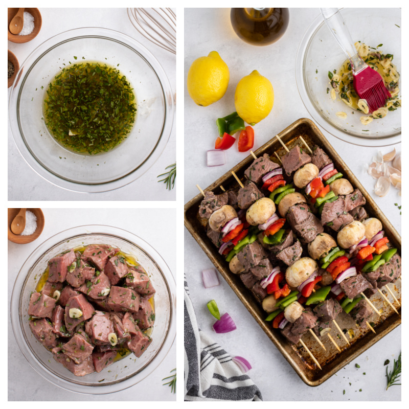 three photos showing marinade in a bowl, steak with marinade in bowl and assembled steak kebabs ready for grill