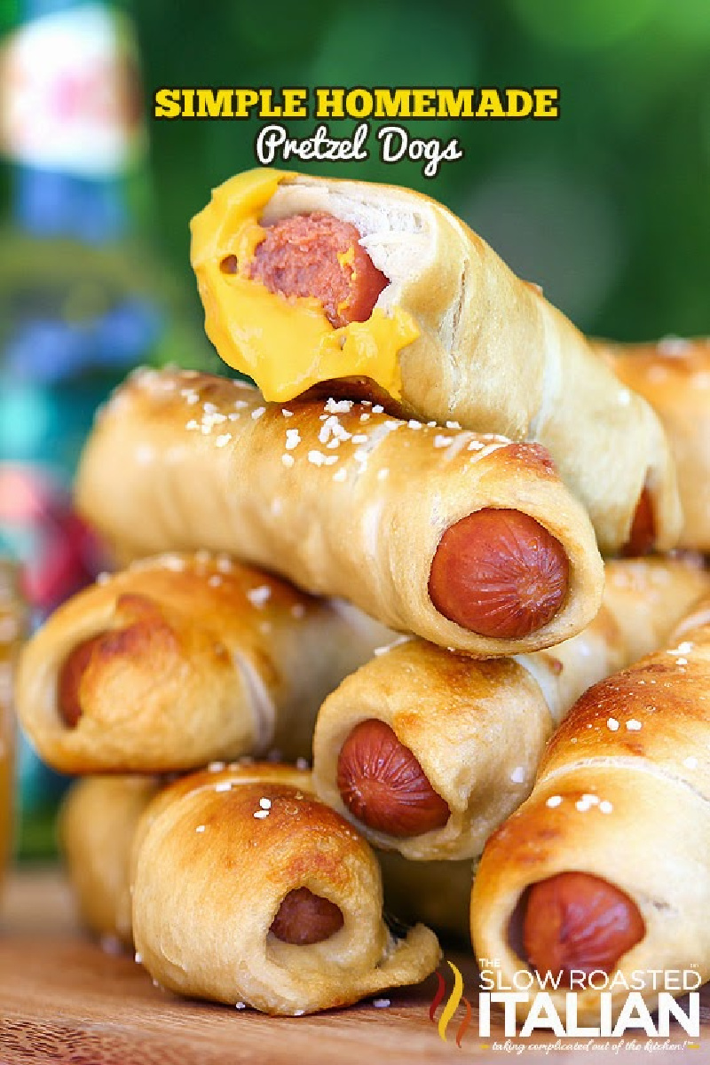 stack of pretzel dogs with mustard