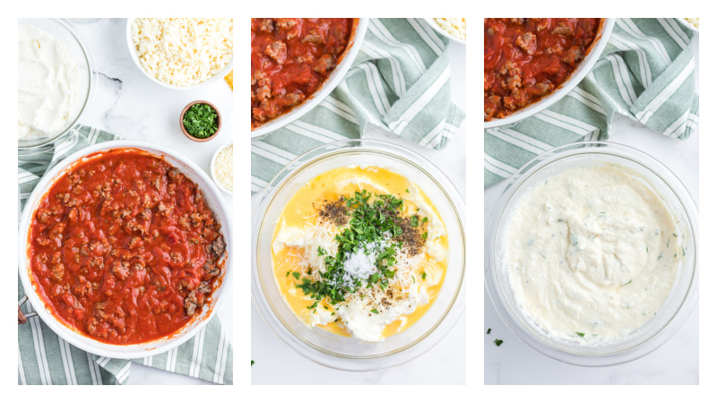 three photos: sausage marinara in bowl, egg mixture in bowl, ricotta mixture in bowl