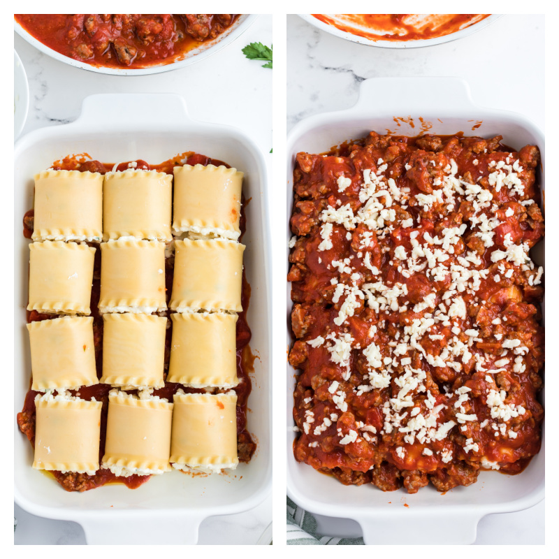 lasagna roll ups in a pan, and then second photo showing covered in sauce