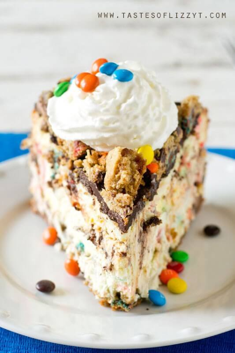 slice of monster cookie cheesecake