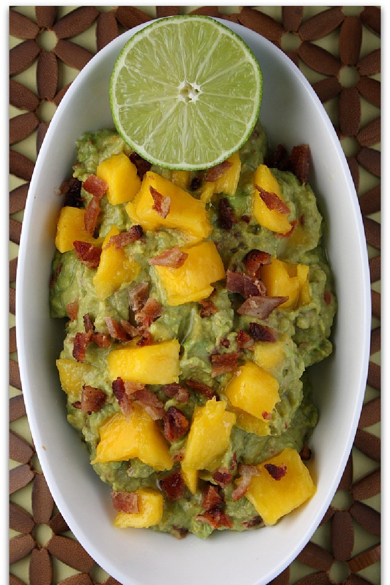 mango guacamole in a white bowl