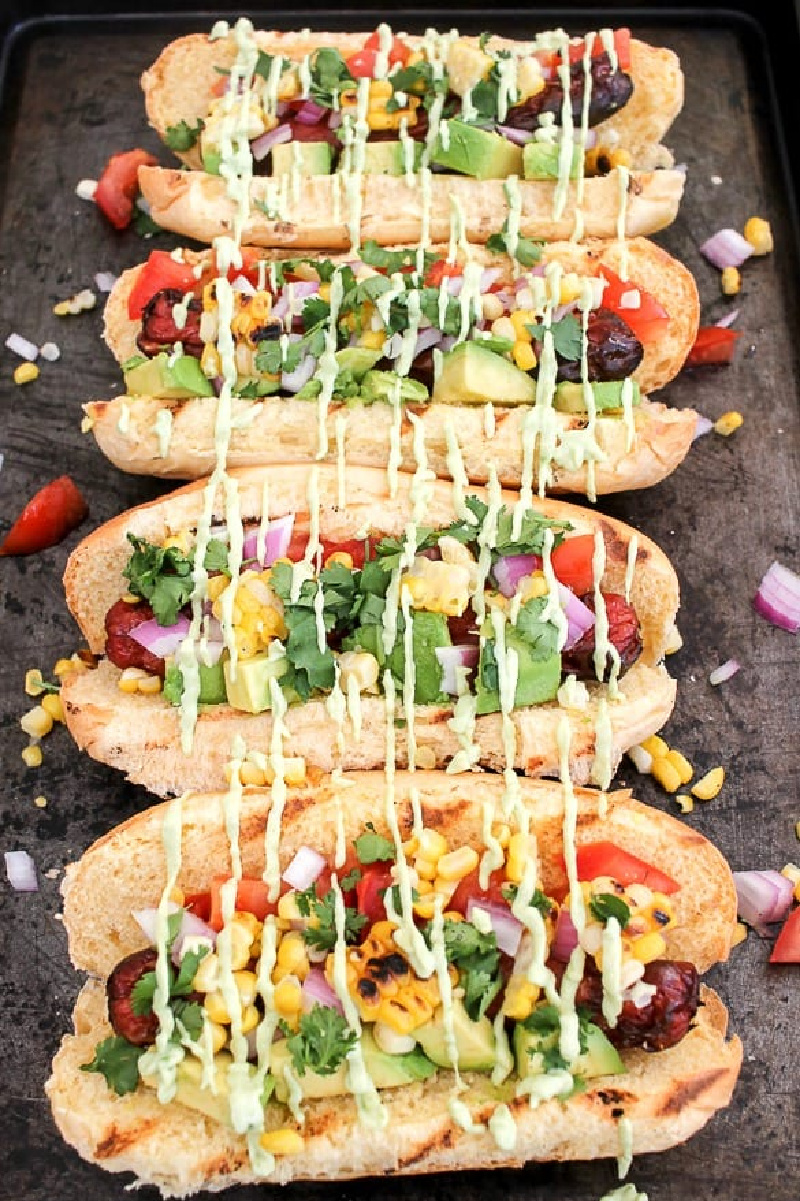 row of tex mex hot dogs