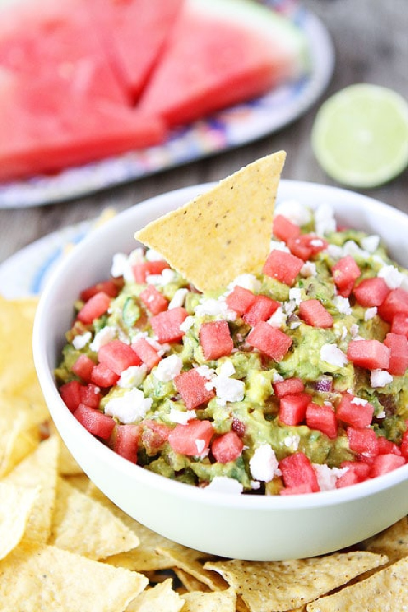 watermelon feta guacamole in a white bowl