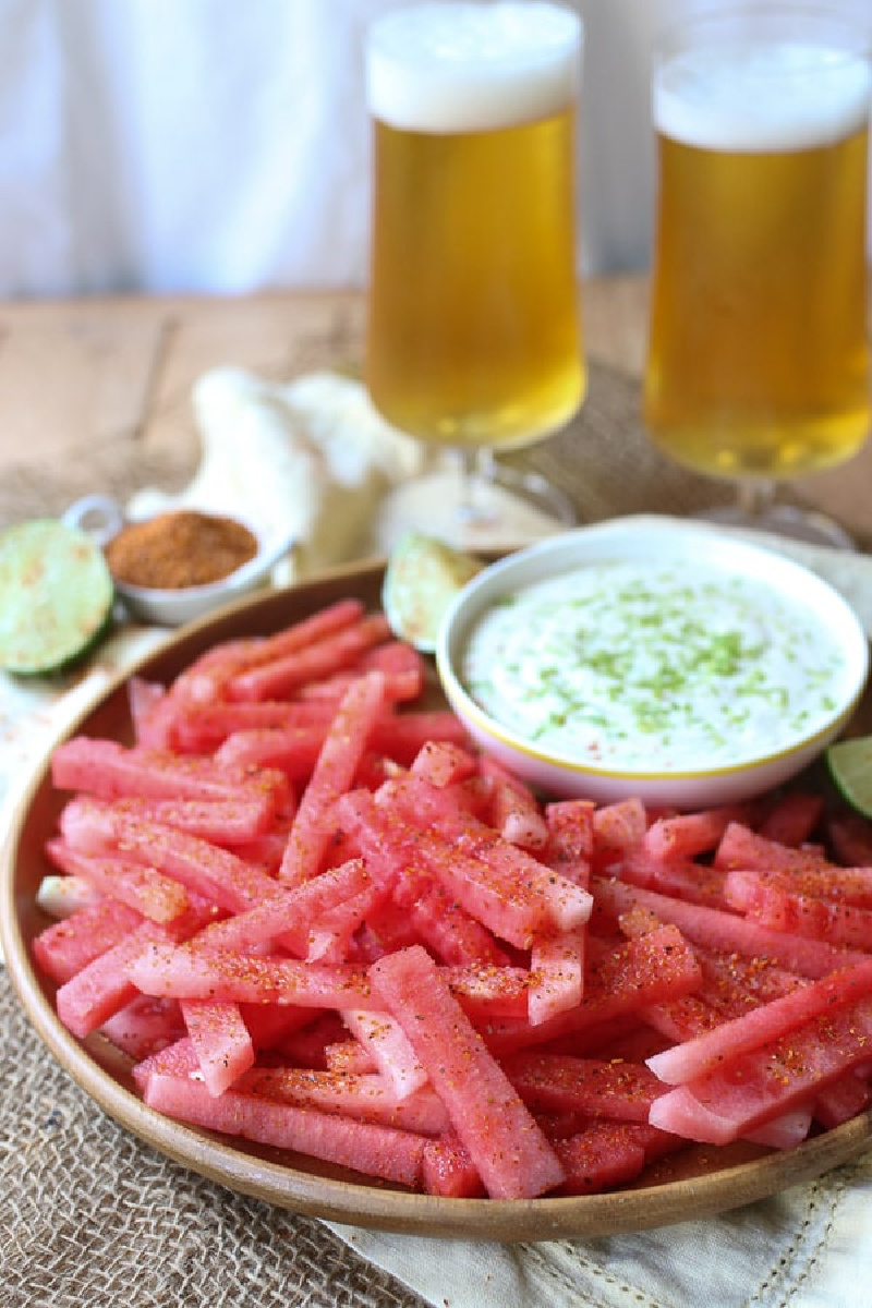 watermelon fries on a platter with dip