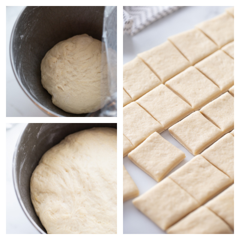 three photos one with dough one dough risen and one dough rolled out and cut into squares