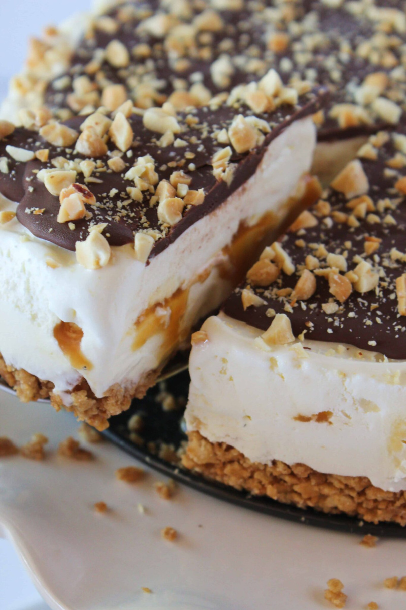 cutting into caramel drumstick ice cream pie