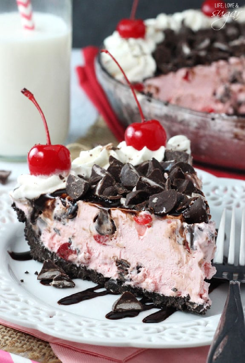 slice of chocolate cherry ice cream pie