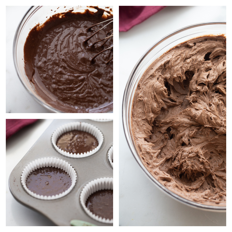 three photos showing cupcake batter, batter in pan and frosting in bowl