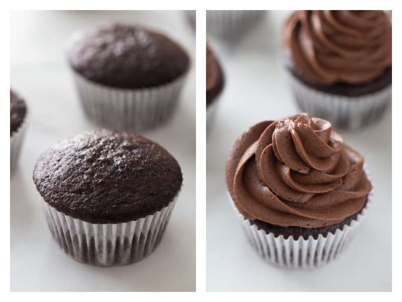 two photos showing chocolate cupcake and then frosted