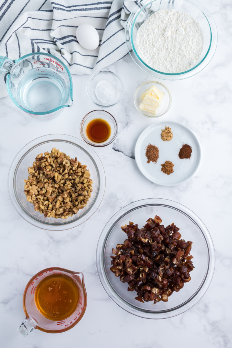 ingredients displayed for making date nut bread