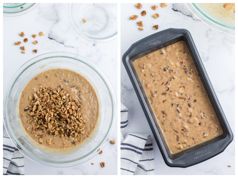 date nut bread batter in a bowl and then in a loaf pan