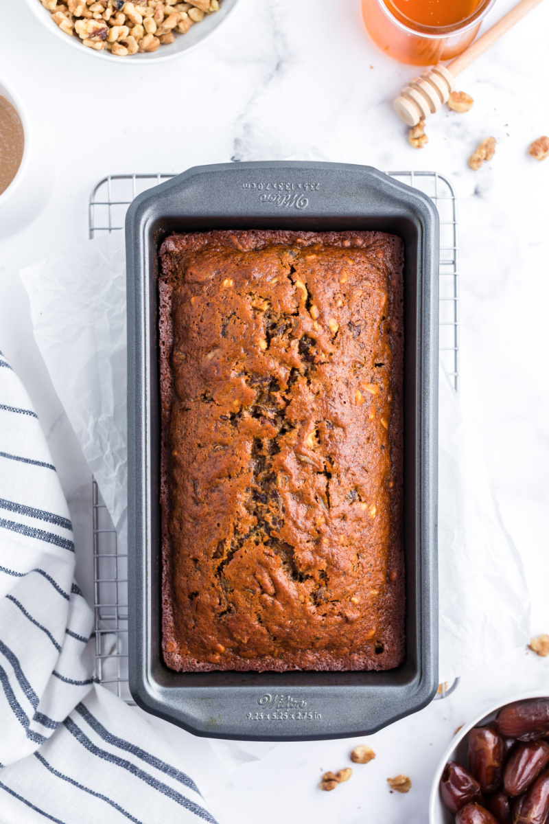 date nut bread in a loaf pan