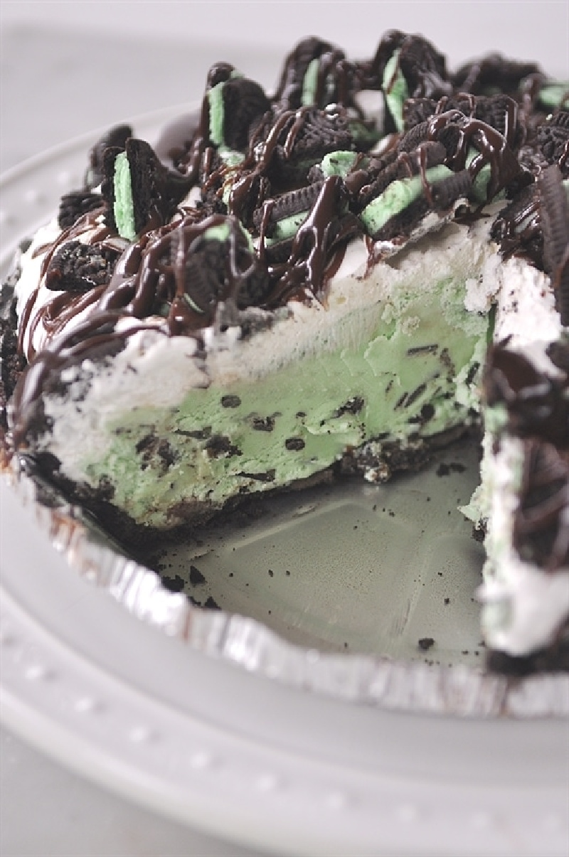 grasshopper ice cream pie with a slice taken out of it
