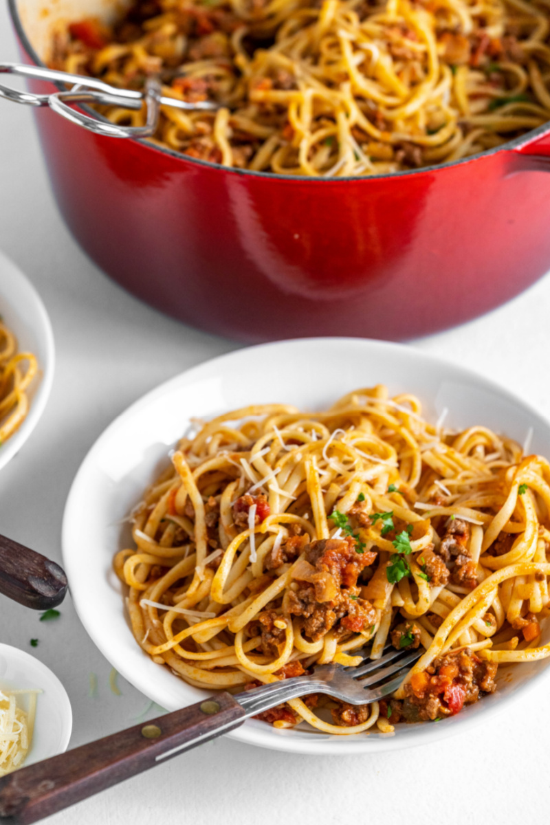 linguine with bolognese in a bowl