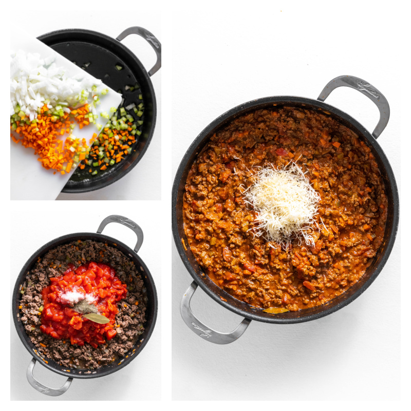 three photos showing making of bolognese sauce