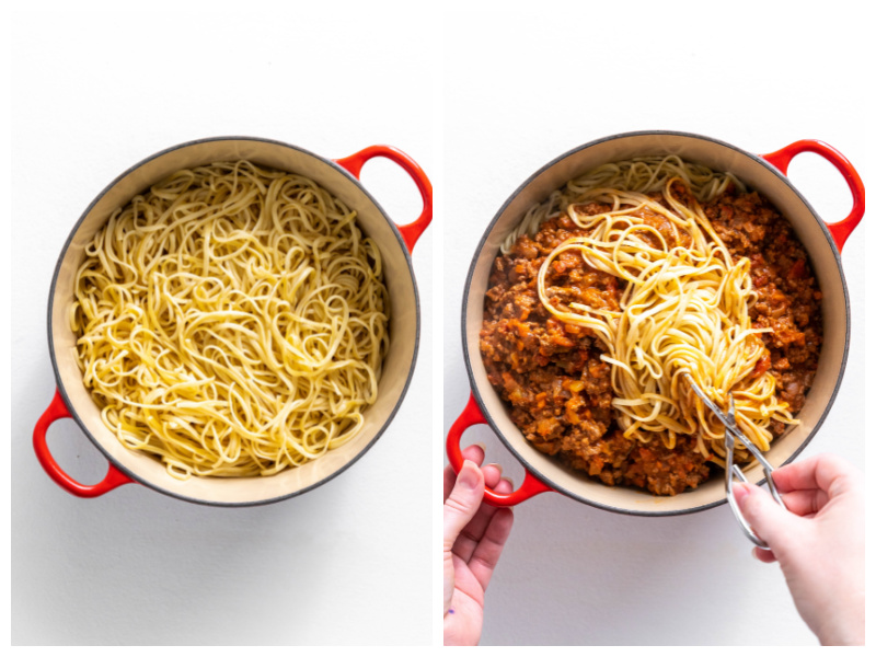 pot of linguine and pot with sauce