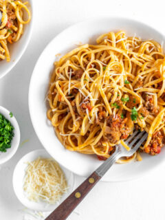 linguine with bolognese in a bowl