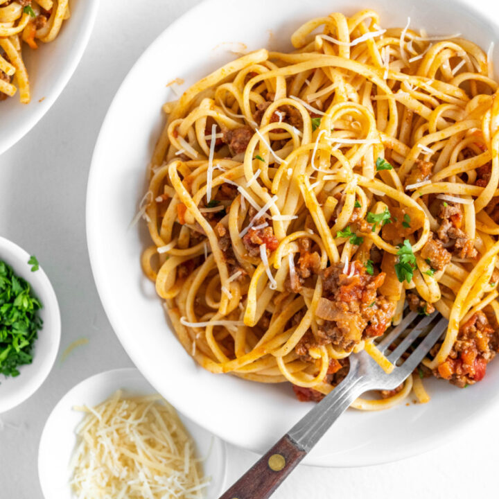 linguine with bolognese in a bowl