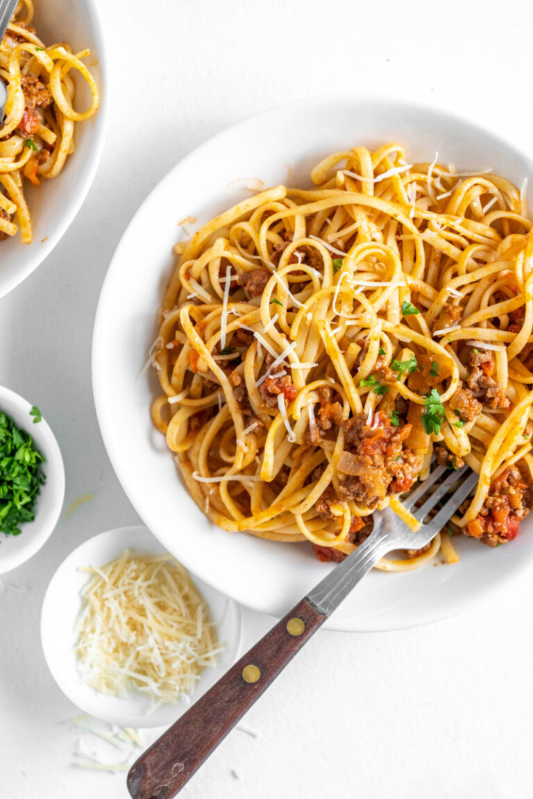 linguine with bolognese in a bowl