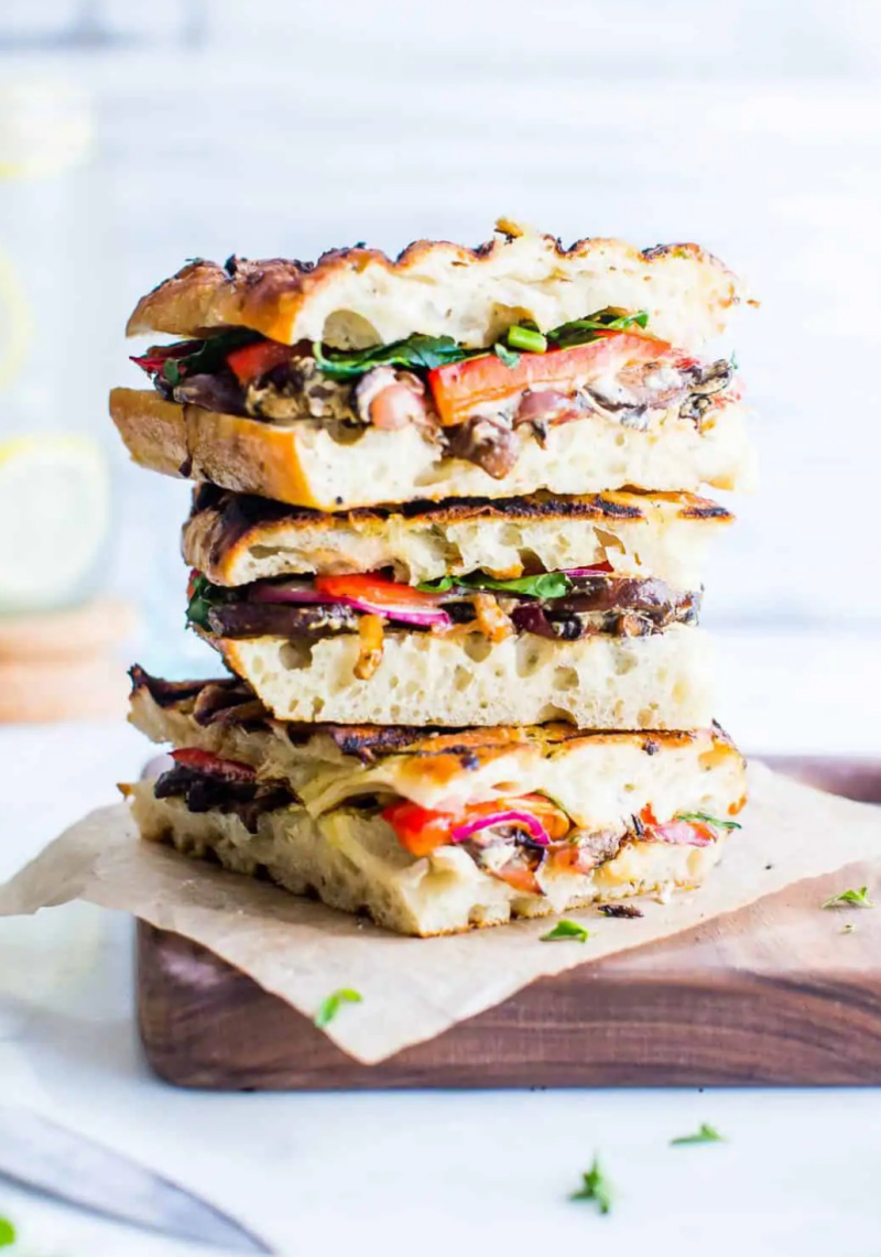 stacked slices of mushroom and goat cheese veggie panini